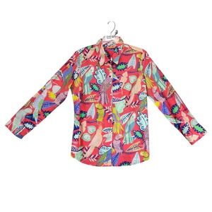 Oliphant Tropical Bird Print Button-Up Shirt Womens XL Cotton Long Sleeve